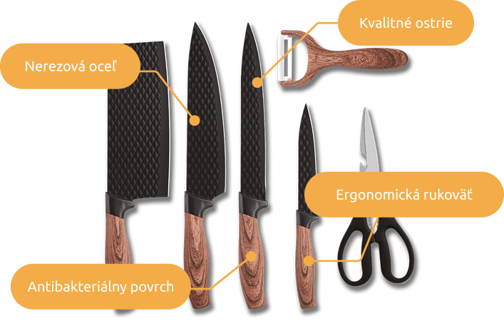 Kuchyňská sada obsahují sekáček, ostrý nůž, nůžky a škrabku